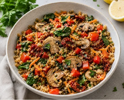 Bol cu quinoa, ciuperci și legume
