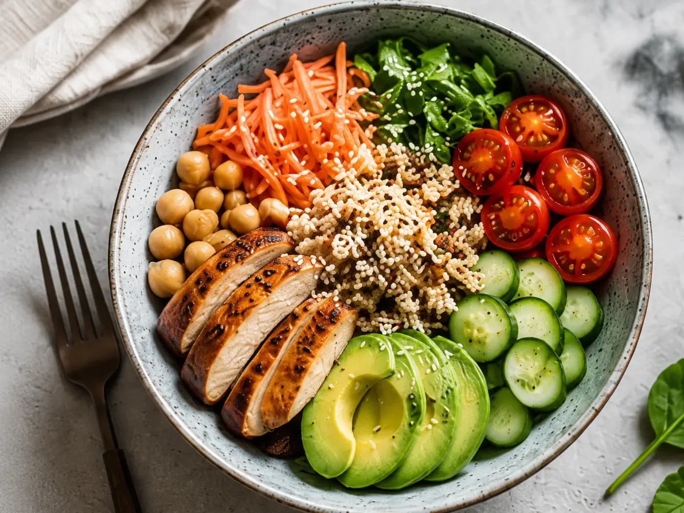 Buddha Bowl proteic cu pui și quinoa