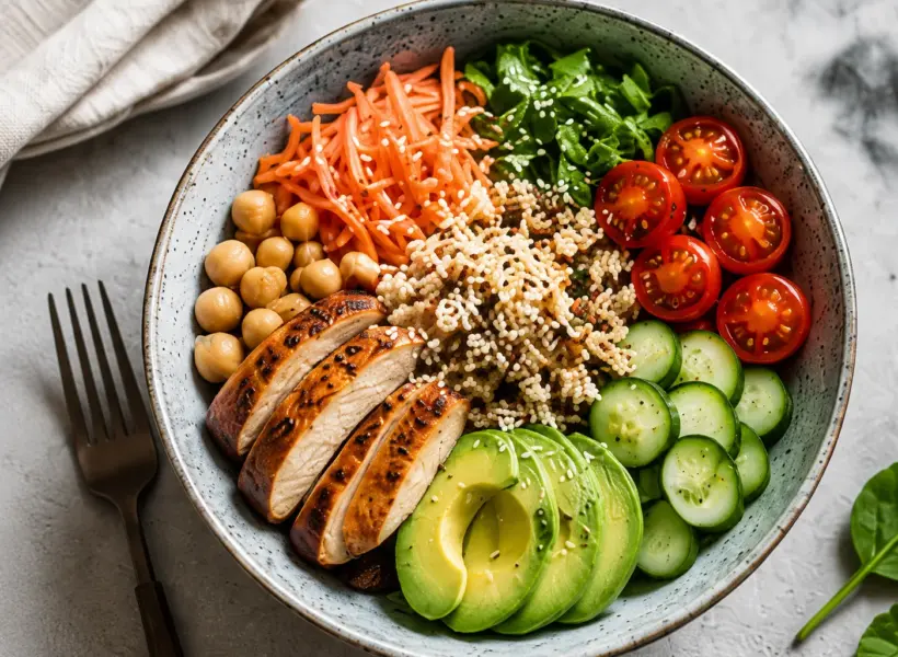 Buddha Bowl proteic cu pui și quinoa